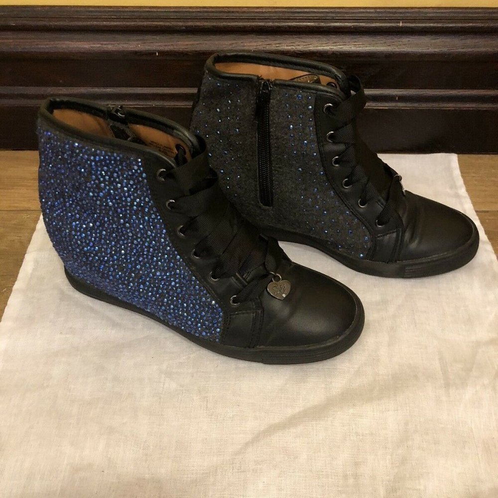 STUART WEITZMAN Girls Black High Top Sneakers Crystal Embellished Vance Wedge 3